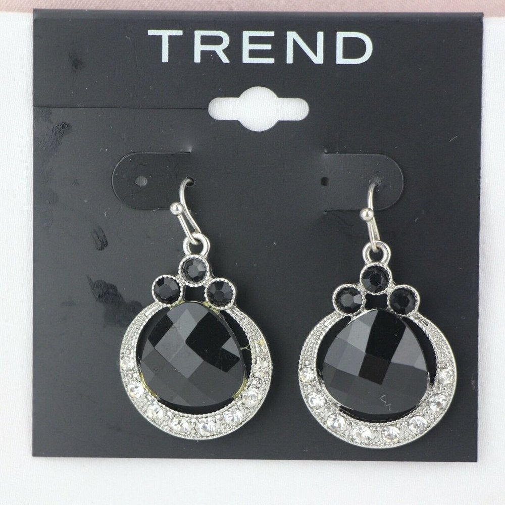 Trend Earrings 1 1/4" Rhinestone Black Dangle Hook
